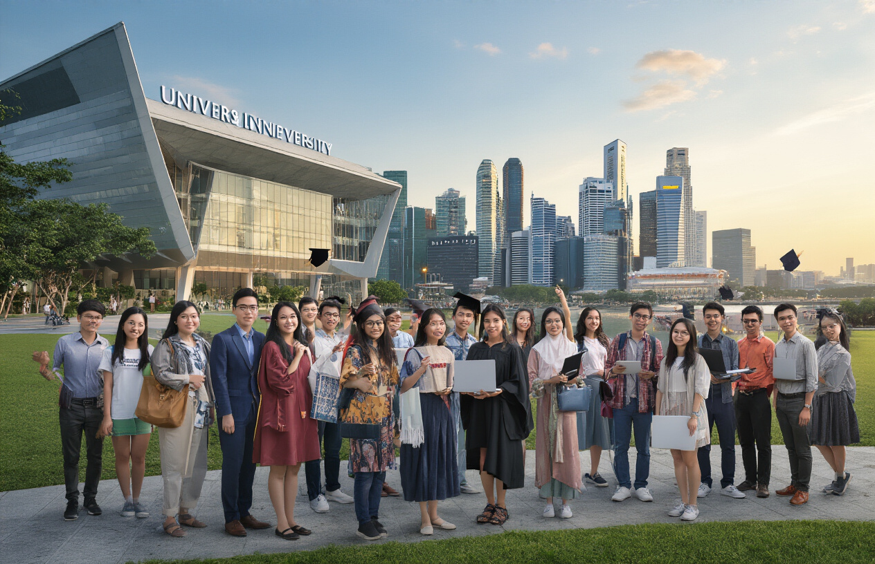 Create a realistic image of a diverse group of Asian, Indian, and international students standing in front of a modern university building in Singapore, with the city skyline visible in the background, some students holding graduation caps, others with laptops, symbolizing educational achievement and future opportunities in Singapore's higher education landscape.
