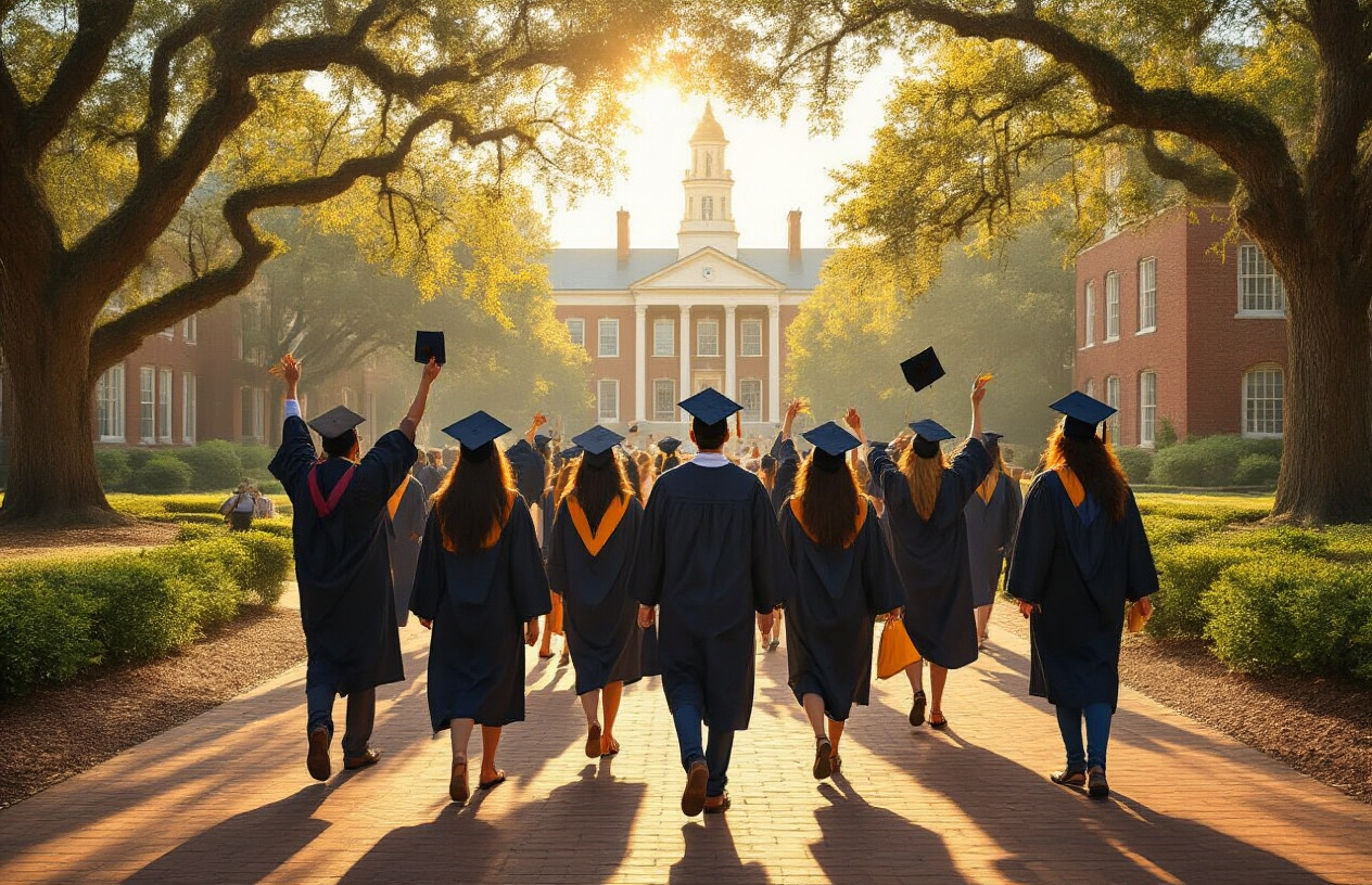 Create a realistic image of a diverse group of graduates in caps and gowns celebrating on a beautiful university campus in Georgia, with historic buildings and oak trees in the background, golden afternoon sunlight casting a warm glow, symbolizing academic achievement and future opportunities.