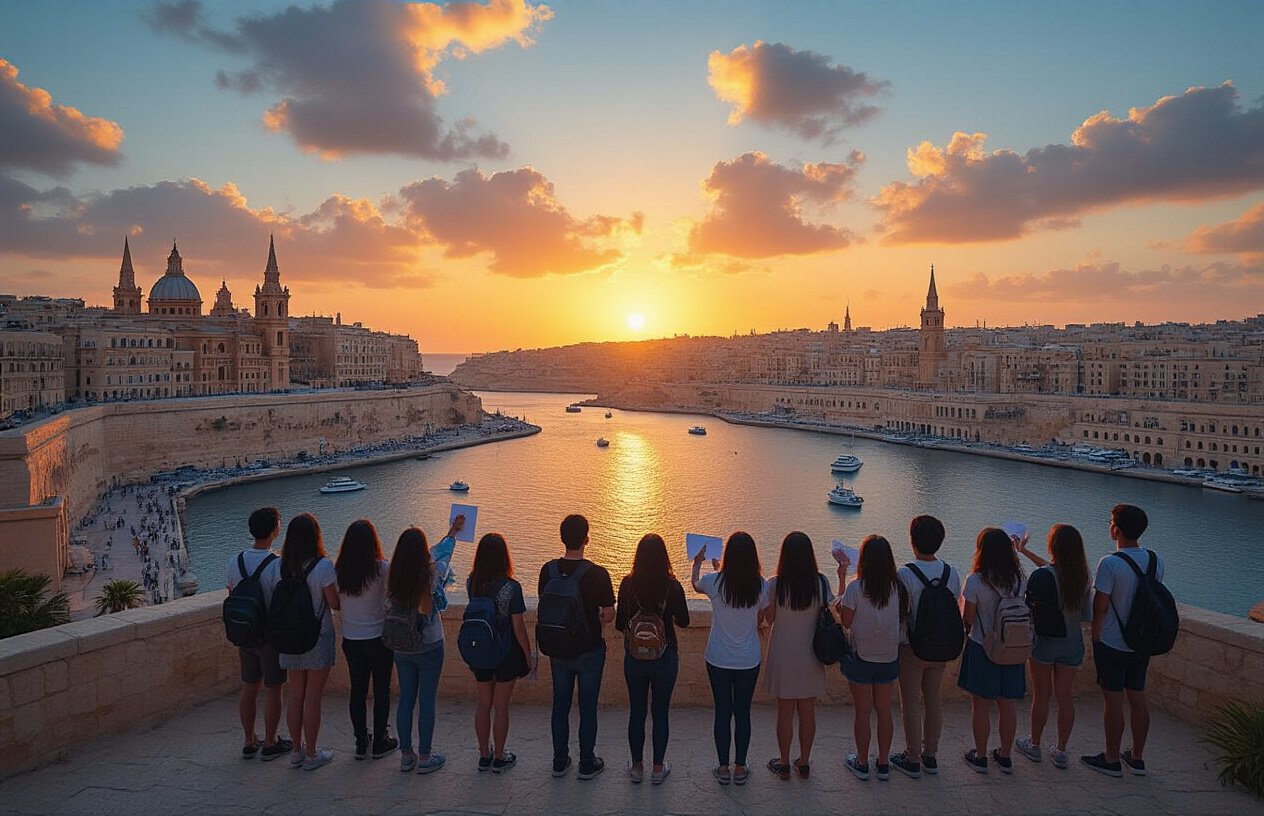 Create a realistic image of the picturesque Grand Harbour in Malta at sunset, with university buildings visible on the hillside, a diverse group of international students (white, black, Asian, male and female) standing on a viewpoint overlooking the harbor, some holding graduation certificates, conveying a sense of academic achievement and the promising future of education in Malta.